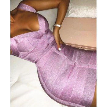 Ladies Sexy V Neck Backless Purple Shining Women Bandage Dress 2020 Designer Fashion Sparkly Party Dress Vestido